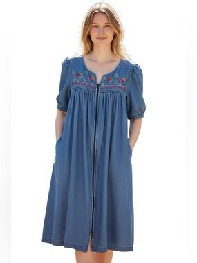 Vintage Go Softly Patio Denim Embroidered House Dress Size M